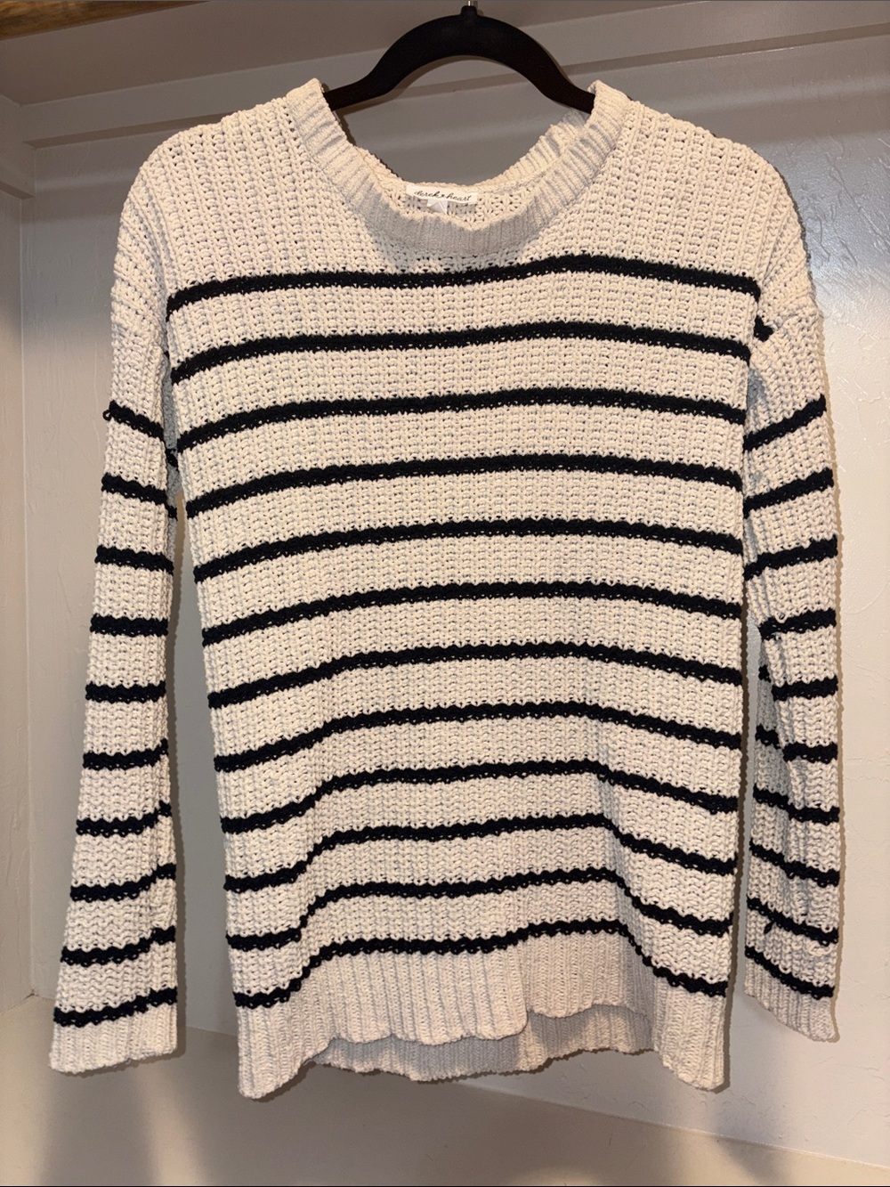 Derek Heart Cream Crewneck Sweater with Black Stripes